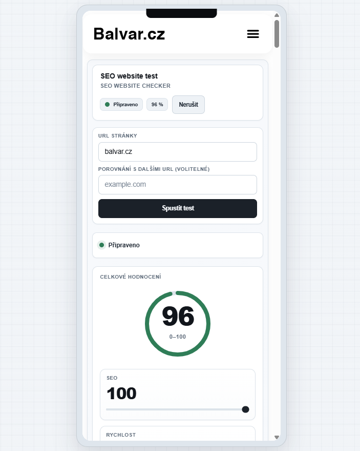 Mobilní náhled nástroje SEO website test s formulářem, stavem připraveno a celkovým hodnocením 96 bodů